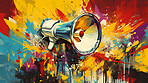 Megaphone, vibrant art and freedom of expression. Colorful, dynamic and energetic communication through art for liberty, creativity and social change. Inspiring visual message for a diverse audience.