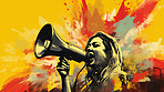 Woman, megaphone and voice for freedom of speech. Assertive, courageous and outspoken female standing up for her beliefs, advocating for democracy and societal change. Speaker from heart.