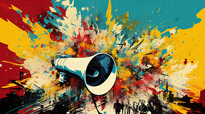 Megaphone, vibrant art and freedom of expression. Colorful, dynamic and energetic communication through art for liberty, creativity and social change. Inspiring visual message for a diverse audience.