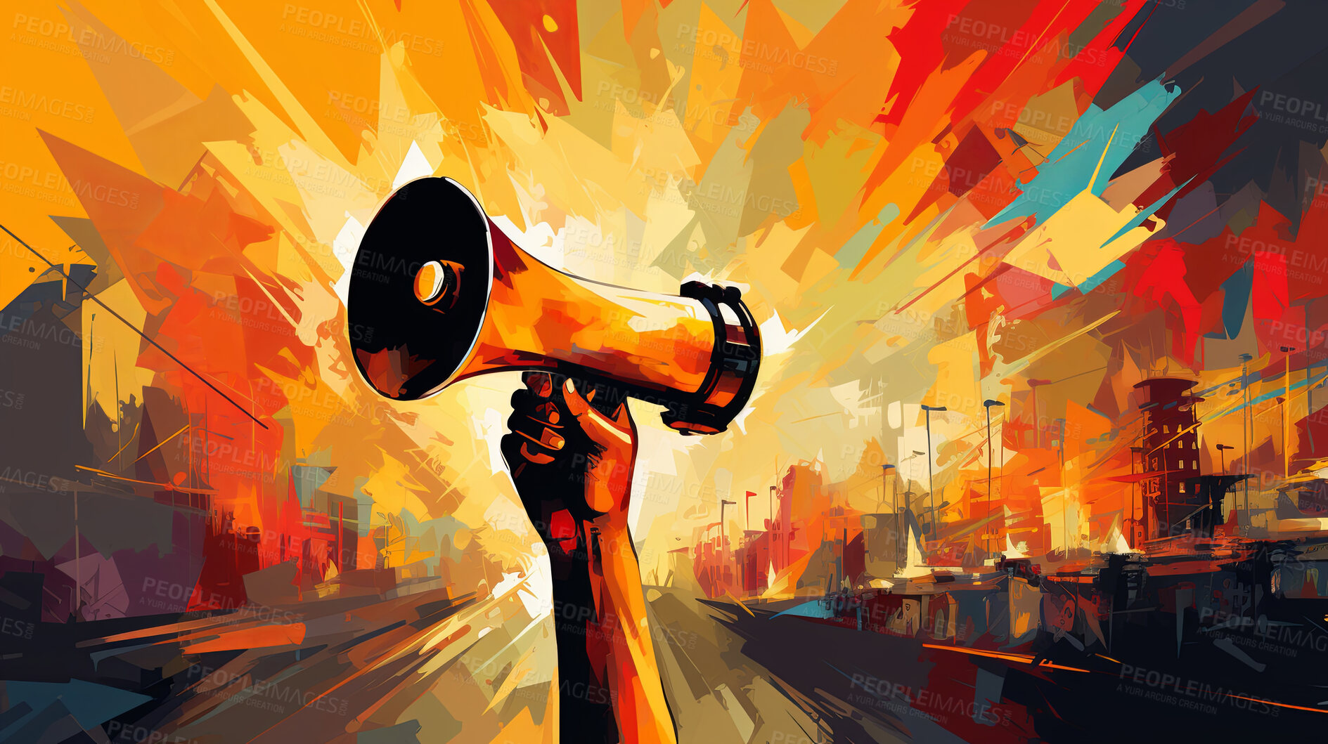 Buy stock photo Megaphone, vibrant art and freedom of expression. Colorful, dynamic and energetic communication through art for liberty, creativity and social change. Inspiring visual message for a diverse audience.