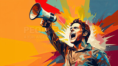 Man, megaphone and voice for freedom of speech. Assertive, courageous and outspoken male standing up for his beliefs, advocating for democracy and societal change. Speaker from heart.