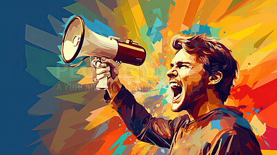 Man, megaphone and voice for freedom of speech. Assertive, courageous and outspoken male standing up for his beliefs, advocating for democracy and societal change. Speaker from heart.