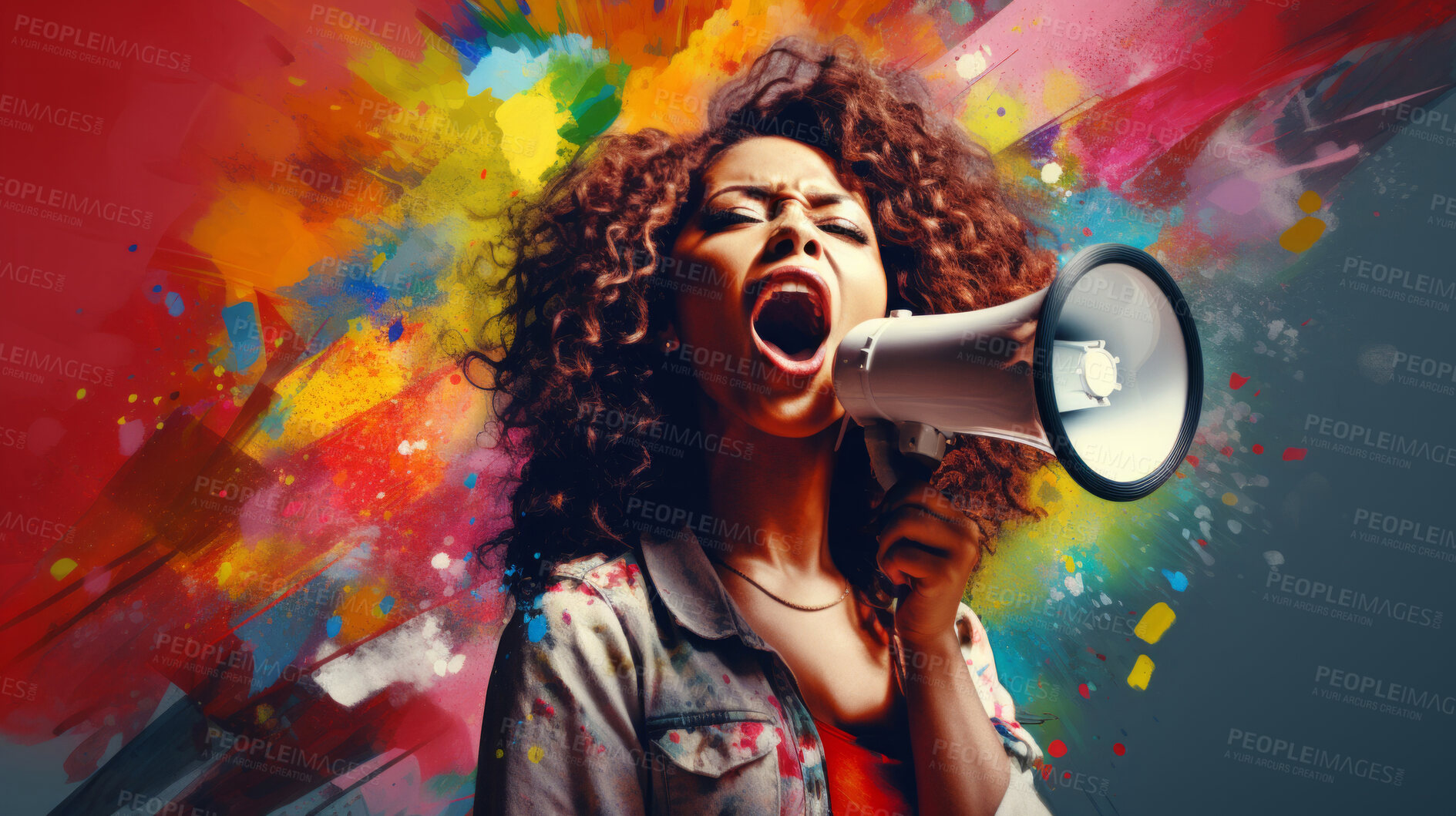 Buy stock photo Woman, megaphone and voice for freedom of speech. Assertive, courageous and outspoken female standing up for her beliefs, advocating for democracy and societal change. Speaker from heart.