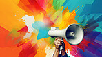 Megaphone, vibrant art and freedom of expression. Colorful, dynamic and energetic communication through art for liberty, creativity and social change. Inspiring visual message for a diverse audience.