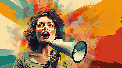 Woman, megaphone and voice for freedom of speech. Assertive, courageous and outspoken female standing up for her beliefs, advocating for democracy and societal change. Speaker from heart.