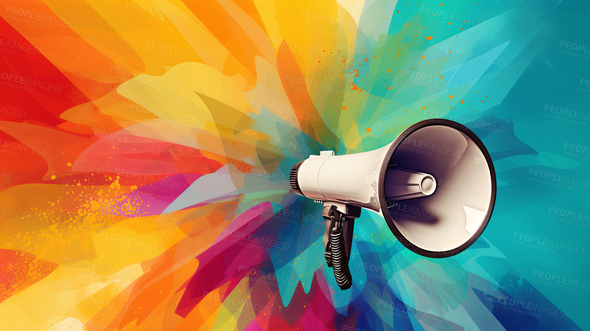 Buy stock photo Megaphone, vibrant art and freedom of expression. Colorful, dynamic and energetic communication through art for liberty, creativity and social change. Inspiring visual message for a diverse audience.