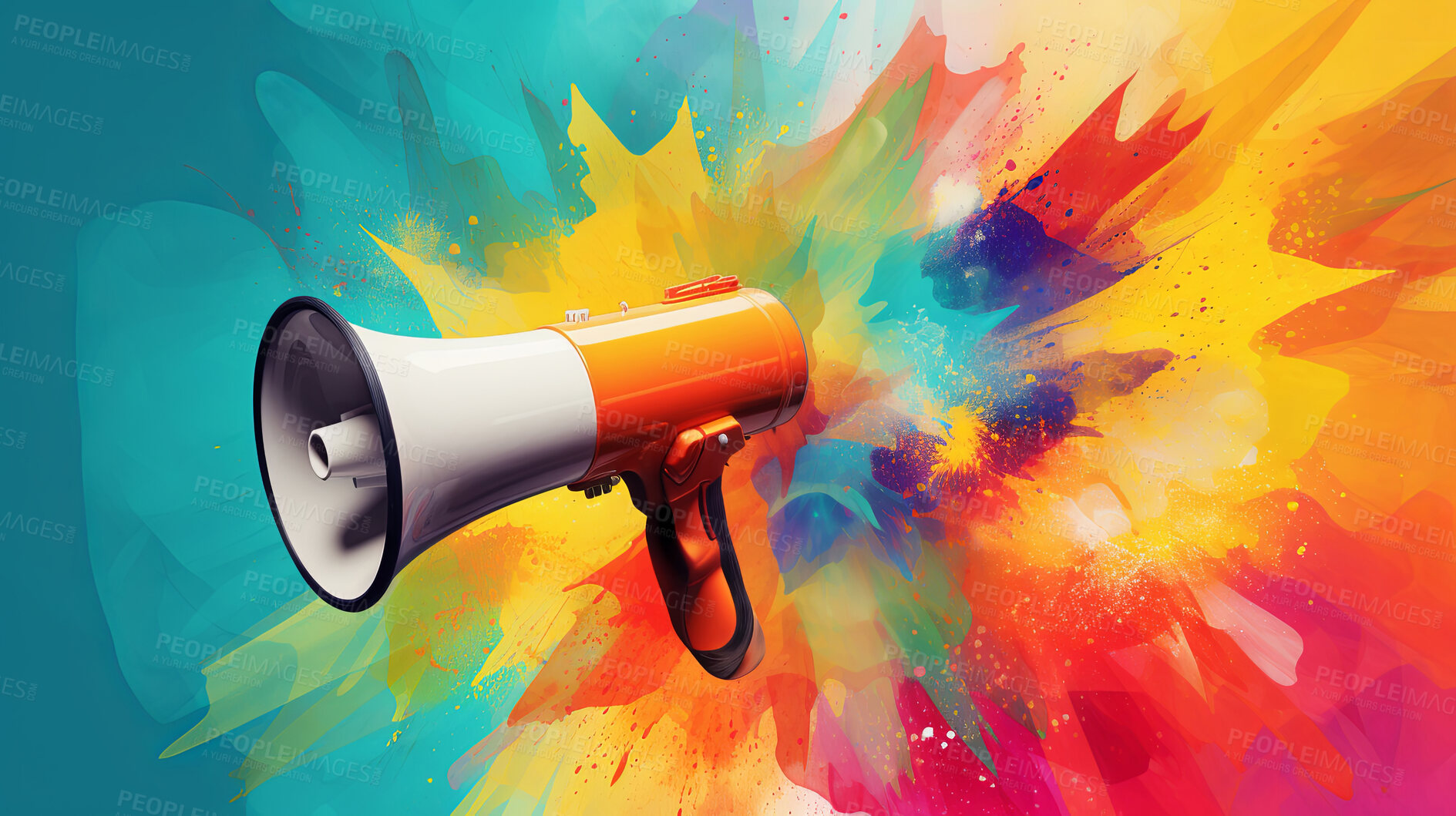 Buy stock photo Megaphone, vibrant art and freedom of expression. Colorful, dynamic and energetic communication through art for liberty, creativity and social change. Inspiring visual message for a diverse audience.