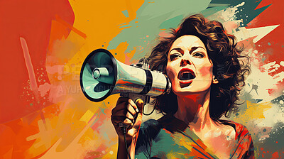 Woman, megaphone and voice for freedom of speech. Assertive, courageous and outspoken female standing up for her beliefs, advocating for democracy and societal change. Speaker from heart.