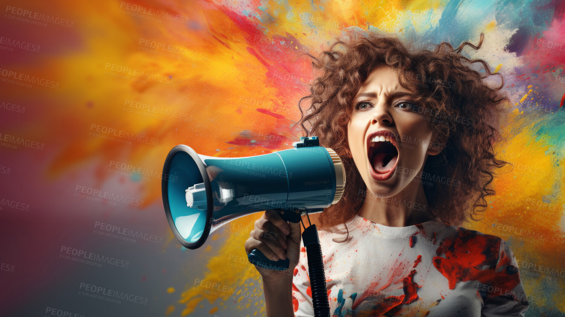 Buy stock photo Woman, megaphone and voice for freedom of speech. Assertive, courageous and outspoken female standing up for her beliefs, advocating for democracy and societal change. Speaker from heart.