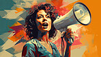 Woman, megaphone and voice for freedom of speech. Assertive, courageous and outspoken female standing up for her beliefs, advocating for democracy and societal change. Speaker from heart.