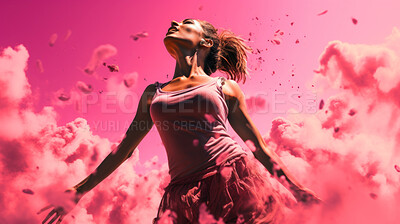 Woman, pink dress and joy under pink clouds. Elegant, radiant and blissful lady showing happiness, positivity and celebration. Joyful moment in a dreamy, pink atmosphere.