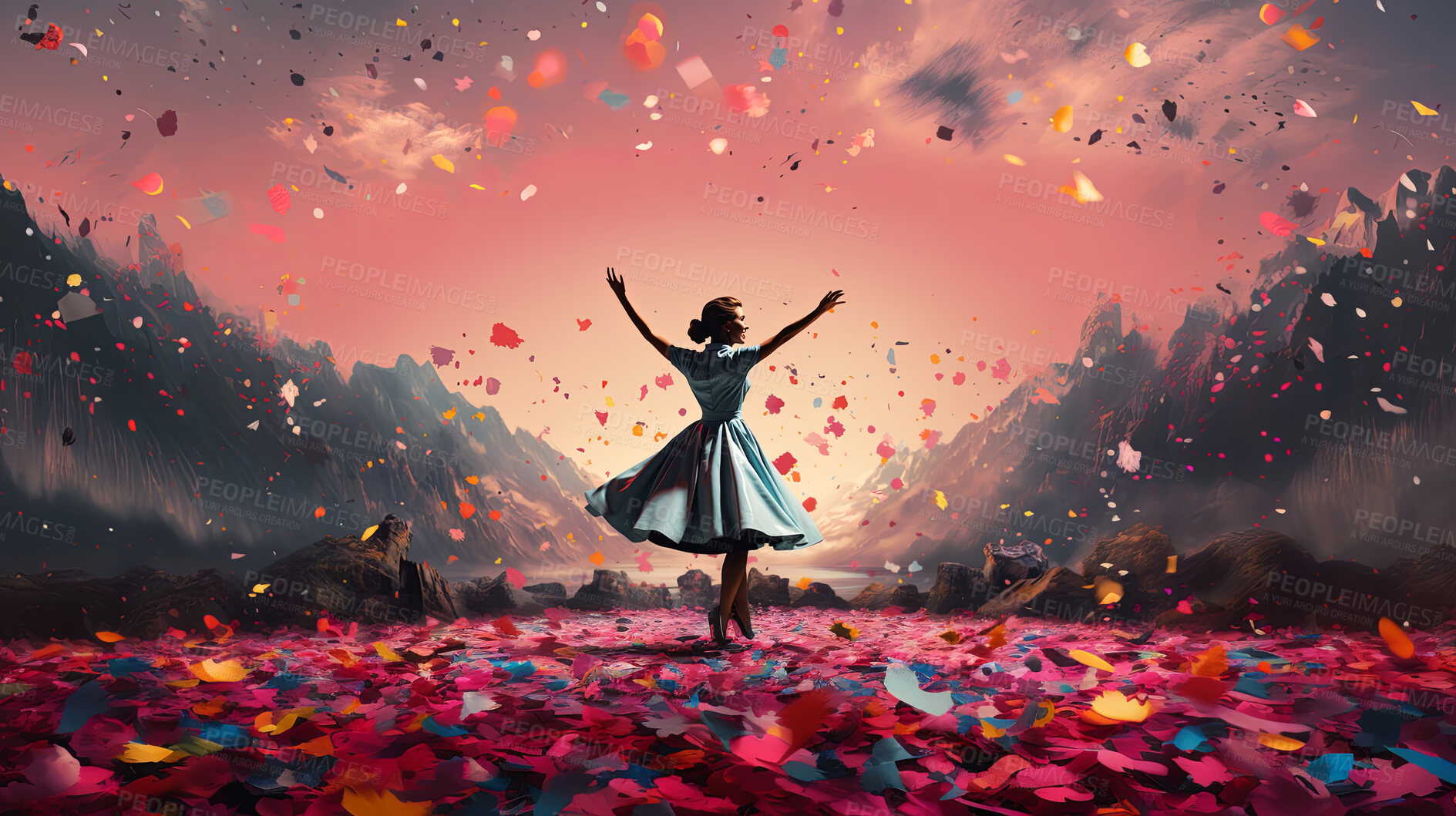 Buy stock photo Happy woman, vibrant confetti and colorful joy. Joyful, lively and radiant lady in a spectrum of colors, symbolizing celebration, happiness and dynamic energy. A vibrant moment of pure delight.