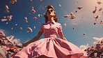 Woman, pink dress and joy under pink clouds. Elegant, radiant and blissful lady showing happiness, positivity and celebration. Joyful moment in a dreamy, pink atmosphere.