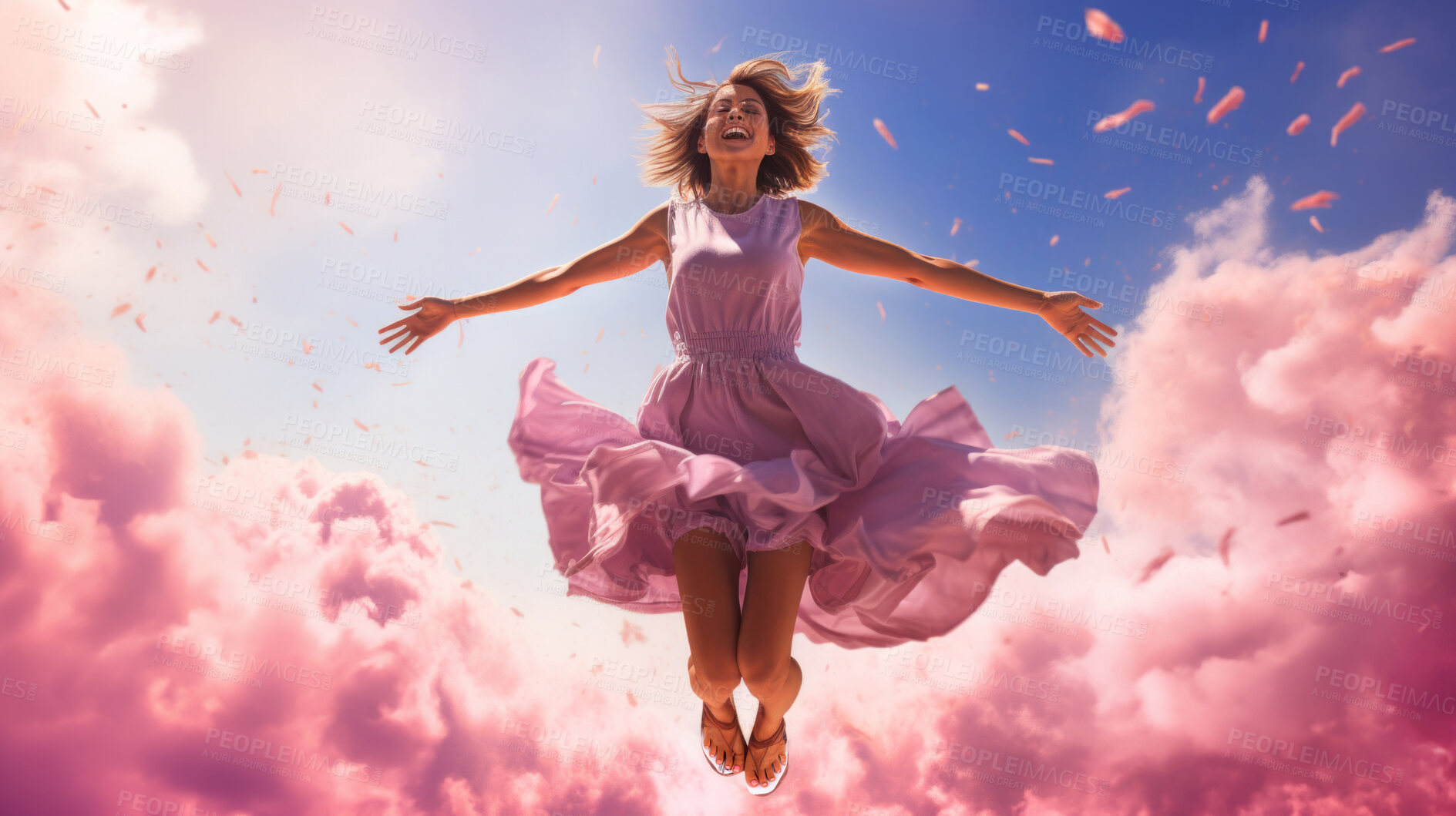 Buy stock photo Woman, pink dress and joy under pink clouds. Elegant, radiant and blissful lady showing happiness, positivity and celebration. Joyful moment in a dreamy, pink atmosphere.