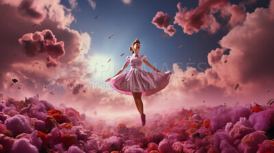 Buy stock photo Woman, pink dress and joy under pink clouds. Elegant, radiant and blissful lady showing happiness, positivity and celebration. Joyful moment in a dreamy, pink atmosphere.