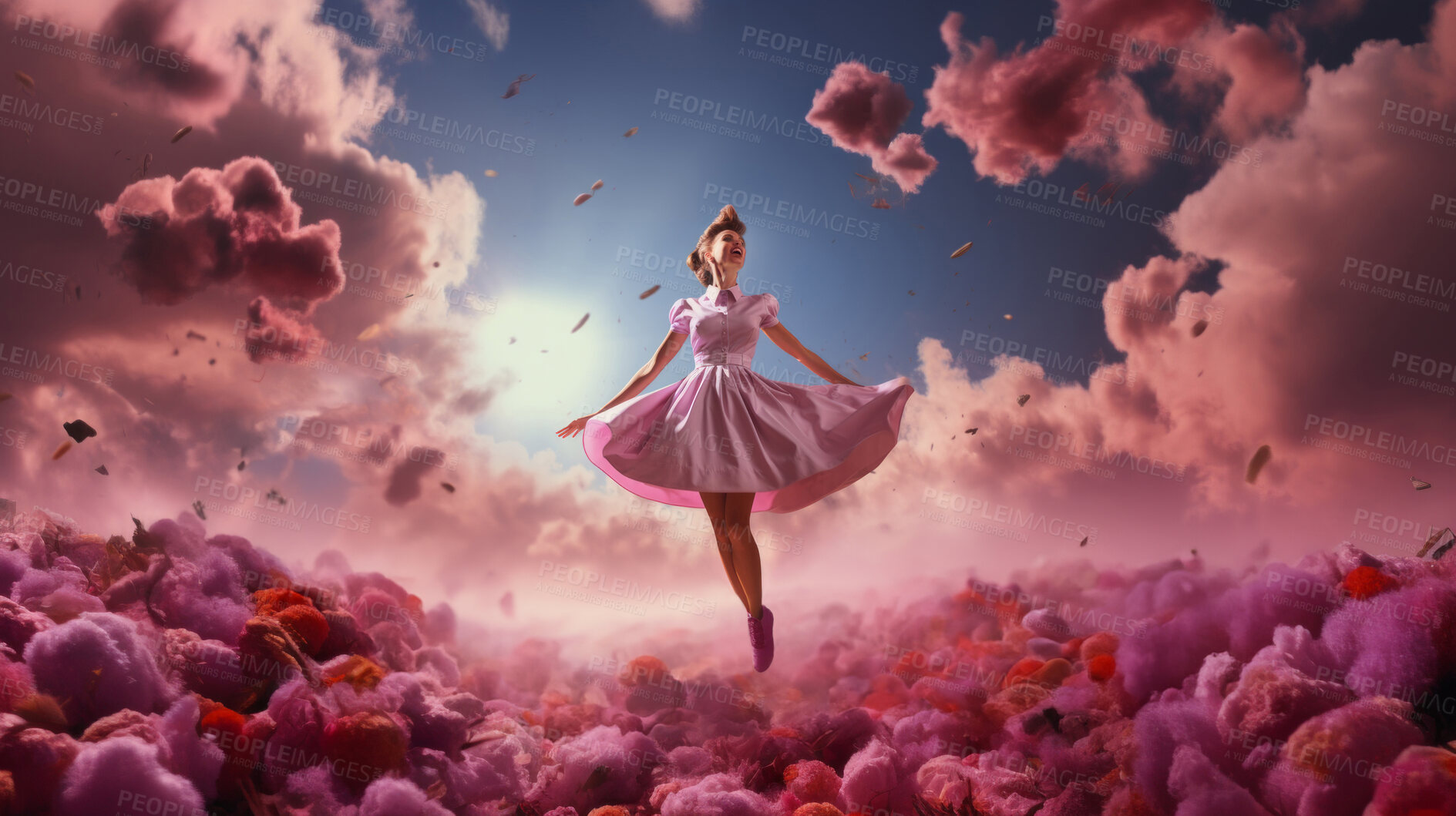 Buy stock photo Woman, pink dress and joy under pink clouds. Elegant, radiant and blissful lady showing happiness, positivity and celebration. Joyful moment in a dreamy, pink atmosphere.