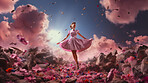 Woman, pink dress and joy under pink clouds. Elegant, radiant and blissful lady showing happiness, positivity and celebration. Joyful moment in a dreamy, pink atmosphere.