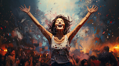 Happy woman, vibrant confetti and colorful joy. Joyful, lively and radiant lady in a spectrum of colors, symbolizing celebration, happiness and dynamic energy. A vibrant moment of pure delight.