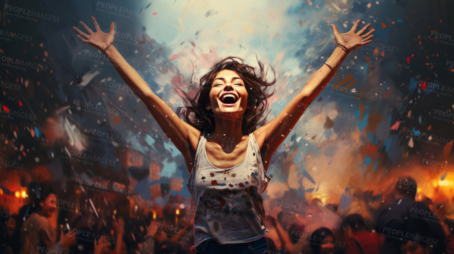 Buy stock photo Happy woman, vibrant confetti and colorful joy. Joyful, lively and radiant lady in a spectrum of colors, symbolizing celebration, happiness and dynamic energy. A vibrant moment of pure delight.