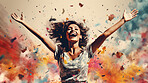 Happy woman, vibrant confetti and colorful joy. Joyful, lively and radiant lady in a spectrum of colors, symbolizing celebration, happiness and dynamic energy. A vibrant moment of pure delight.