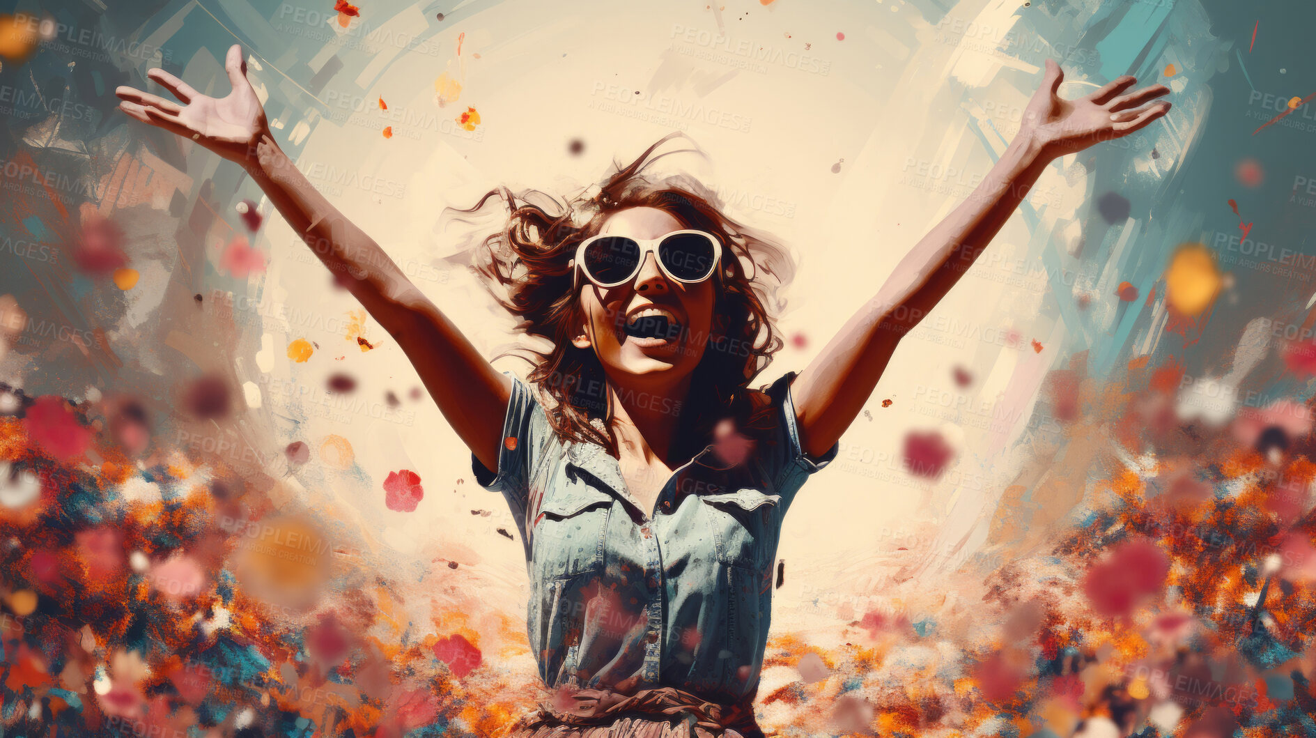 Buy stock photo Happy woman, vibrant confetti and colorful joy. Joyful, lively and radiant lady in a spectrum of colors, symbolizing celebration, happiness and dynamic energy. A vibrant moment of pure delight.