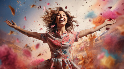 Happy woman, vibrant confetti and colorful joy. Joyful, lively and radiant lady in a spectrum of colors, symbolizing celebration, happiness and dynamic energy. A vibrant moment of pure delight.