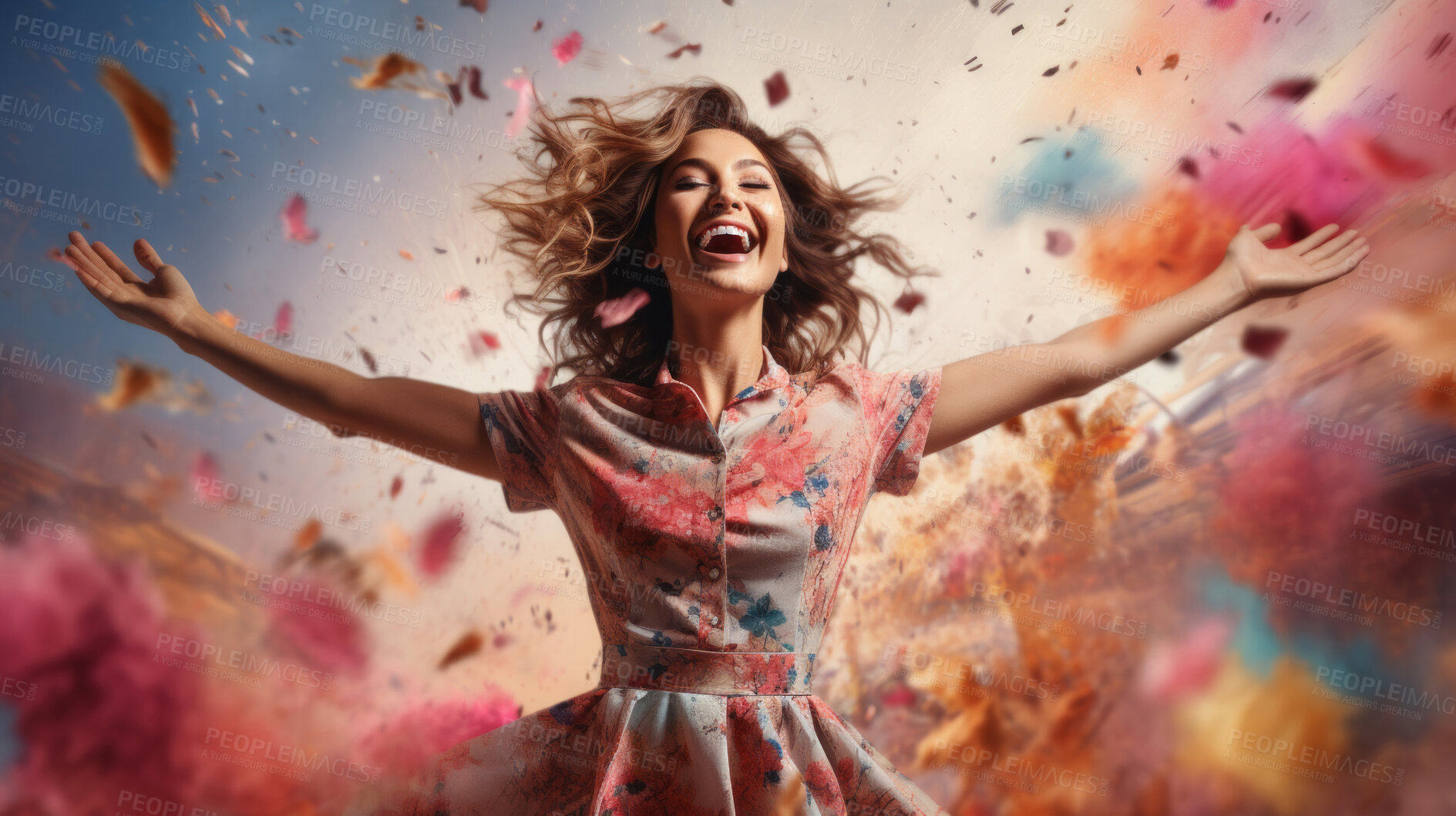 Buy stock photo Happy woman, vibrant confetti and colorful joy. Joyful, lively and radiant lady in a spectrum of colors, symbolizing celebration, happiness and dynamic energy. A vibrant moment of pure delight.