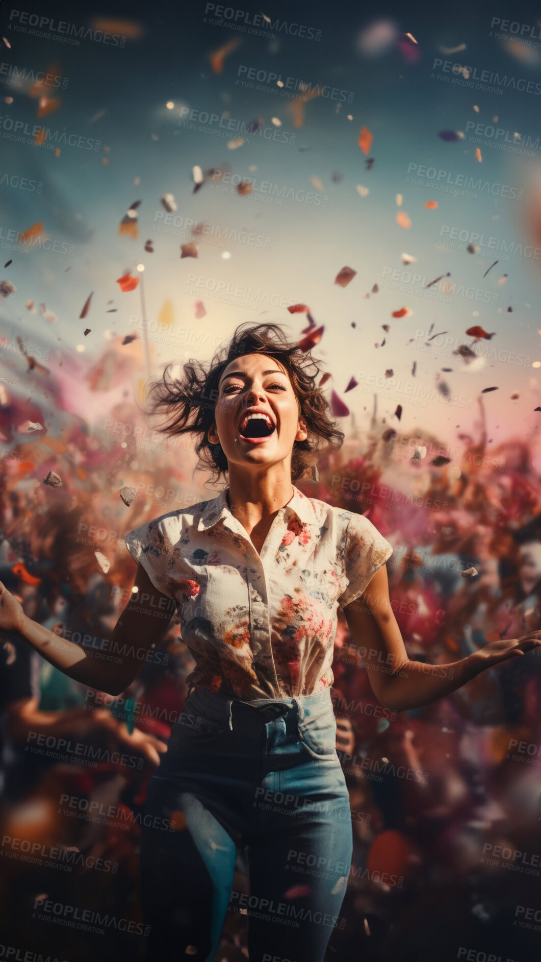 Buy stock photo Happy woman, vibrant confetti and colorful joy. Joyful, lively and radiant lady in a spectrum of colors, symbolizing celebration, happiness and dynamic energy. A vibrant moment of pure delight.