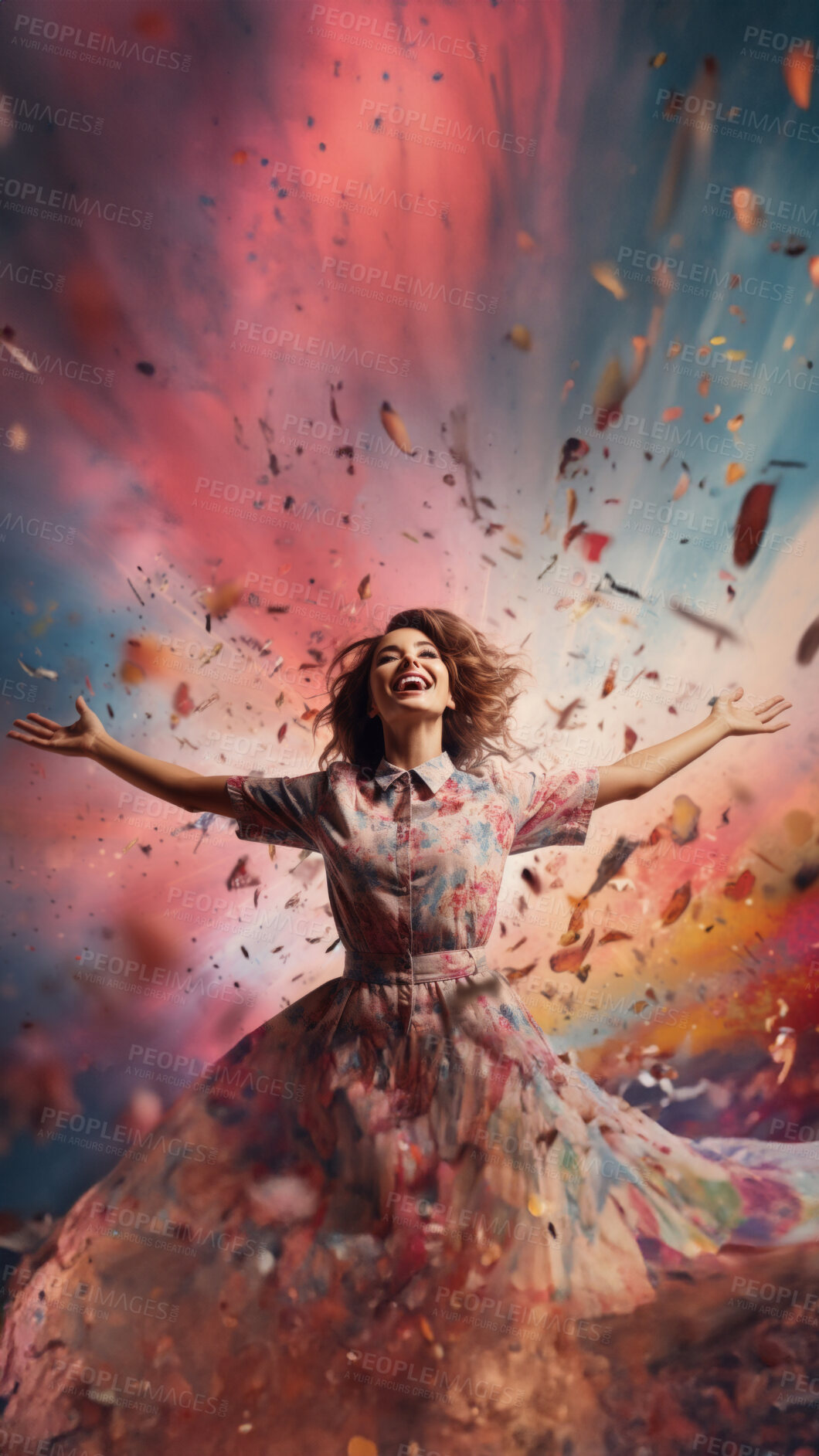 Buy stock photo Happy woman, vibrant confetti and colorful joy. Joyful, lively and radiant lady in a spectrum of colors, symbolizing celebration, happiness and dynamic energy. A vibrant moment of pure delight.