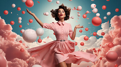 Woman, pink dress and joy under pink clouds. Elegant, radiant and blissful lady showing happiness, positivity and celebration. Joyful moment in a dreamy, pink atmosphere.