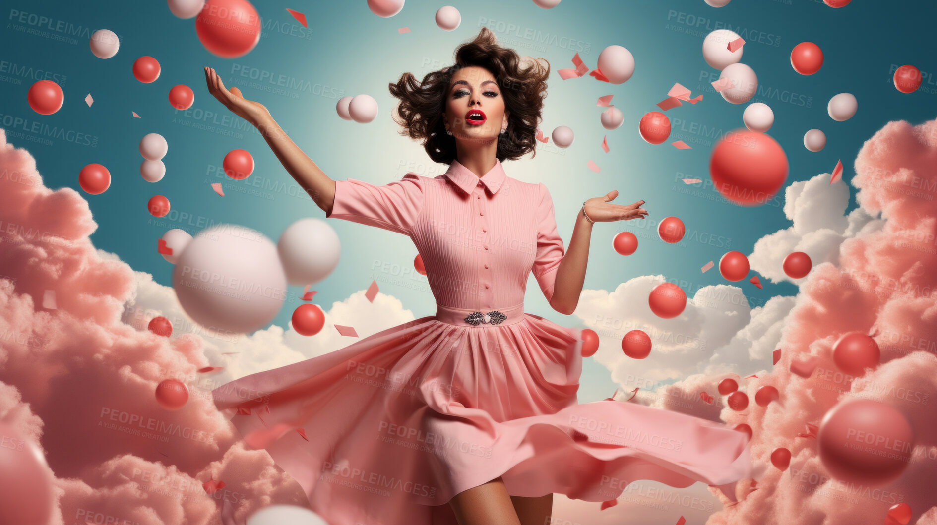 Buy stock photo Woman, pink dress and joy under pink clouds. Elegant, radiant and blissful lady showing happiness, positivity and celebration. Joyful moment in a dreamy, pink atmosphere.