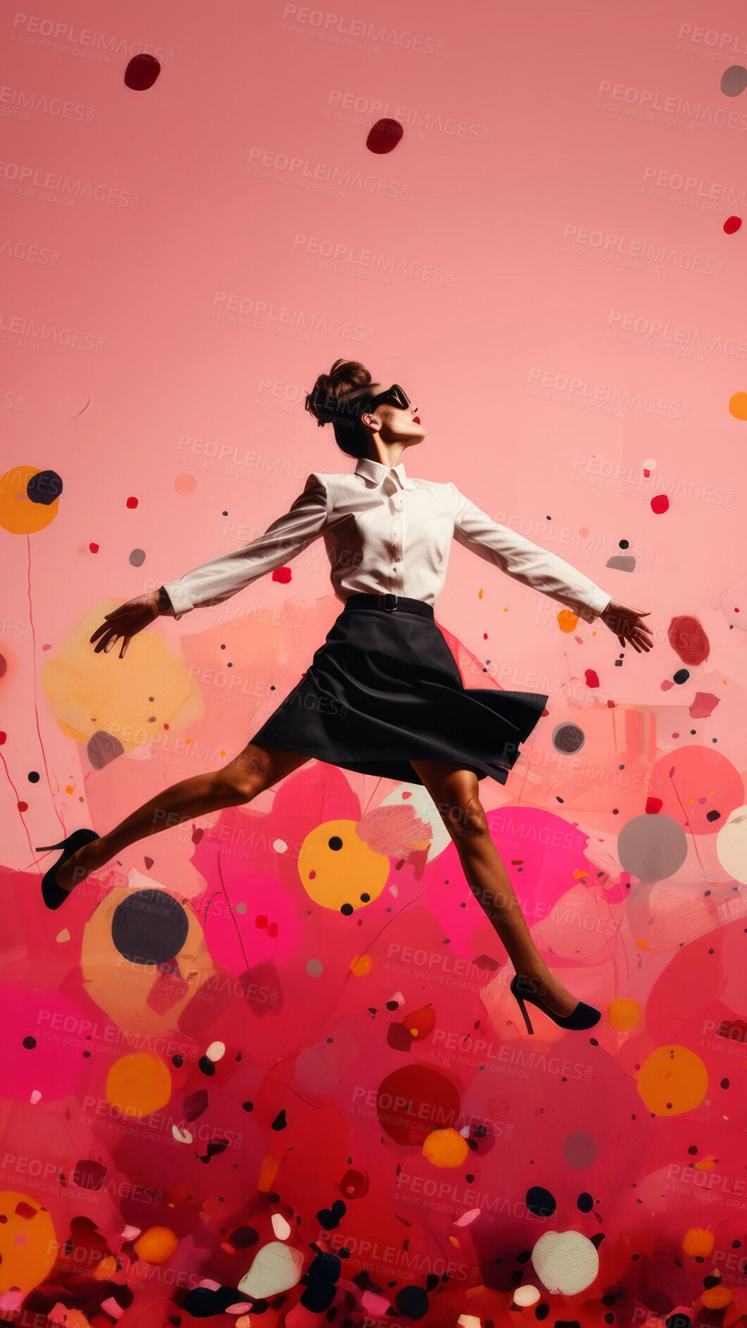 Buy stock photo Woman, pink dress and joy under pink clouds. Elegant, radiant and blissful lady showing happiness, positivity and celebration. Joyful moment in a dreamy, pink atmosphere.