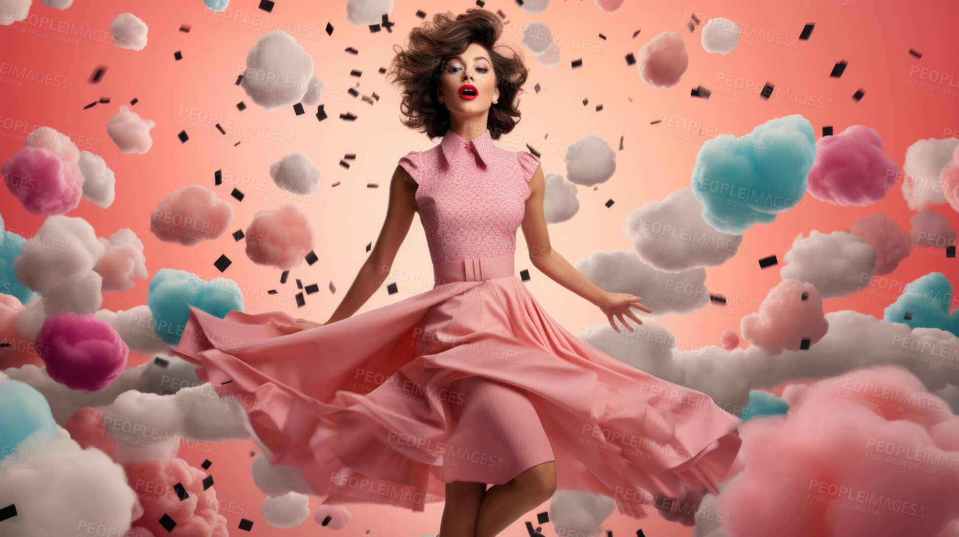 Buy stock photo Woman, pink dress and joy under pink clouds. Elegant, radiant and blissful lady showing happiness, positivity and celebration. Joyful moment in a dreamy, pink atmosphere.