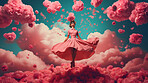 Woman, pink dress and joy under pink clouds. Elegant, radiant and blissful lady showing happiness, positivity and celebration. Joyful moment in a dreamy, pink atmosphere.