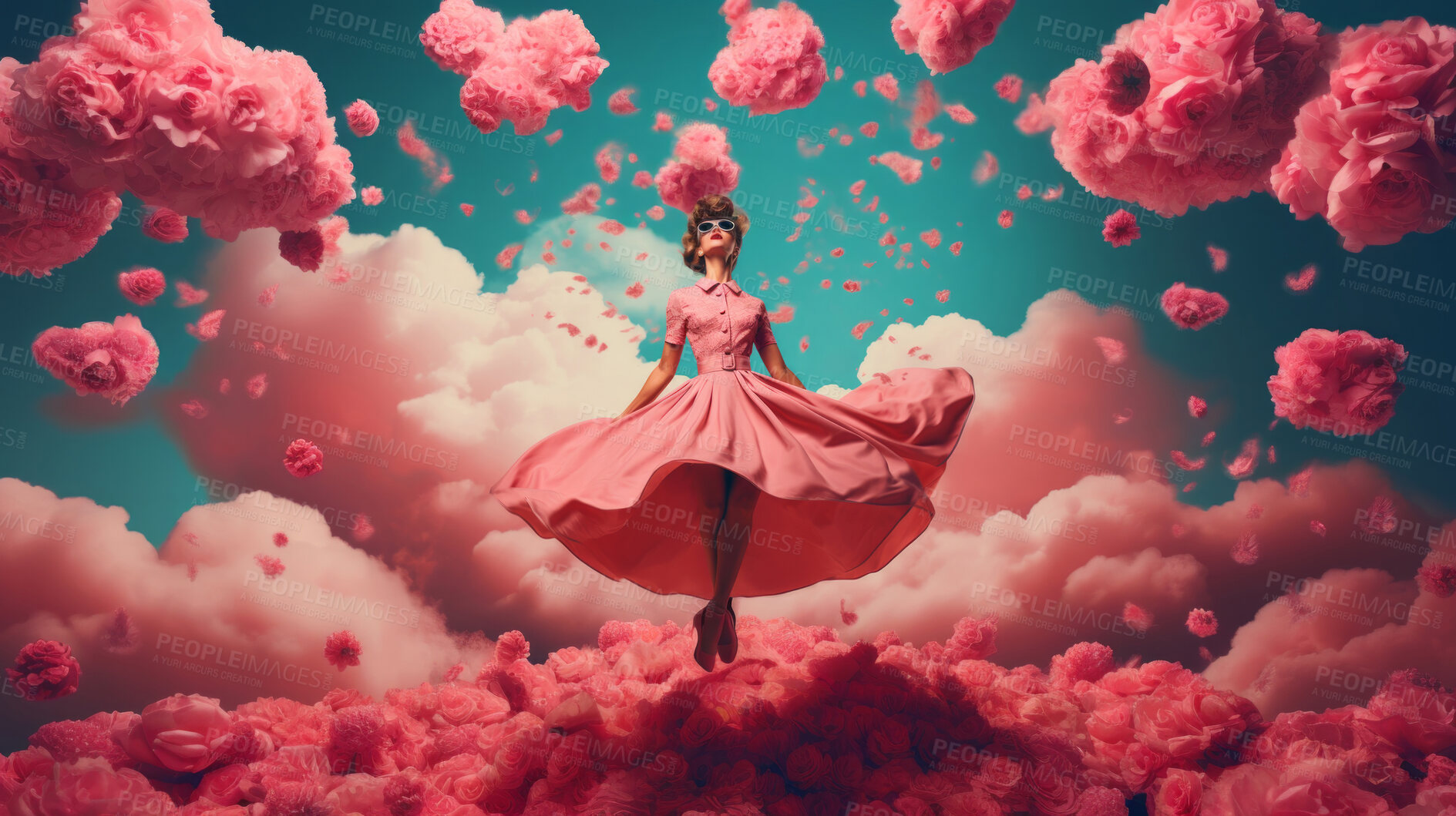 Buy stock photo Woman, pink dress and joy under pink clouds. Elegant, radiant and blissful lady showing happiness, positivity and celebration. Joyful moment in a dreamy, pink atmosphere.