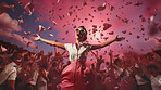 Woman, pink dress and joy under pink clouds. Elegant, radiant and blissful lady showing happiness, positivity and celebration. Joyful moment in a dreamy, pink atmosphere.