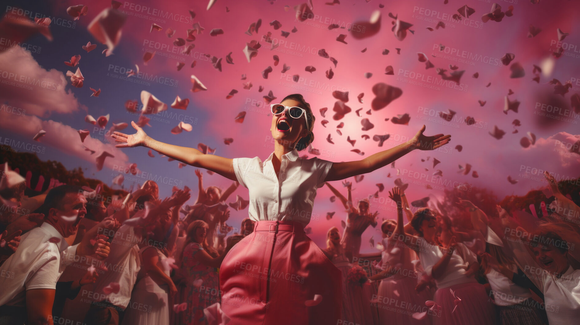 Buy stock photo Woman, pink dress and joy under pink clouds. Elegant, radiant and blissful lady showing happiness, positivity and celebration. Joyful moment in a dreamy, pink atmosphere.