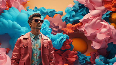 Man, sunglasses and vibrant clouds backdrop. Cool, stylish and confident individual sporting shades, with a colorful cloud-filled background evoking a sense of relaxation, trendiness and carefree vibes.
