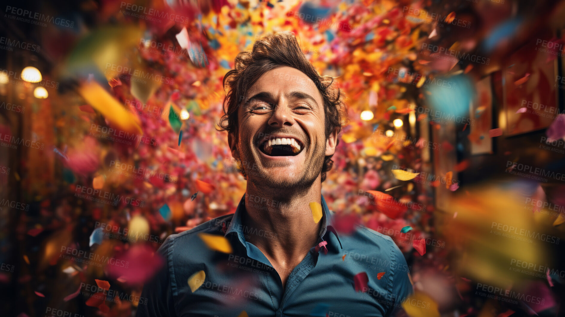 Buy stock photo Excited man, shouts, surrounded by colorful burst. Energetic, lively and joyful individual expressing happiness, with vibrant colors symbolizing enthusiasm and vivid energy.