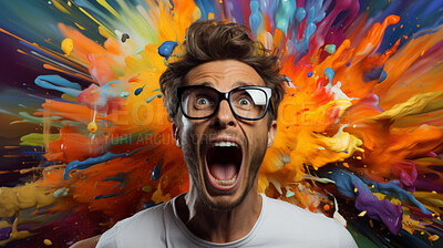 Excited man, shouts, surrounded by colorful burst. Energetic, lively and joyful individual expressing happiness, with vibrant colors symbolizing enthusiasm and vivid energy.