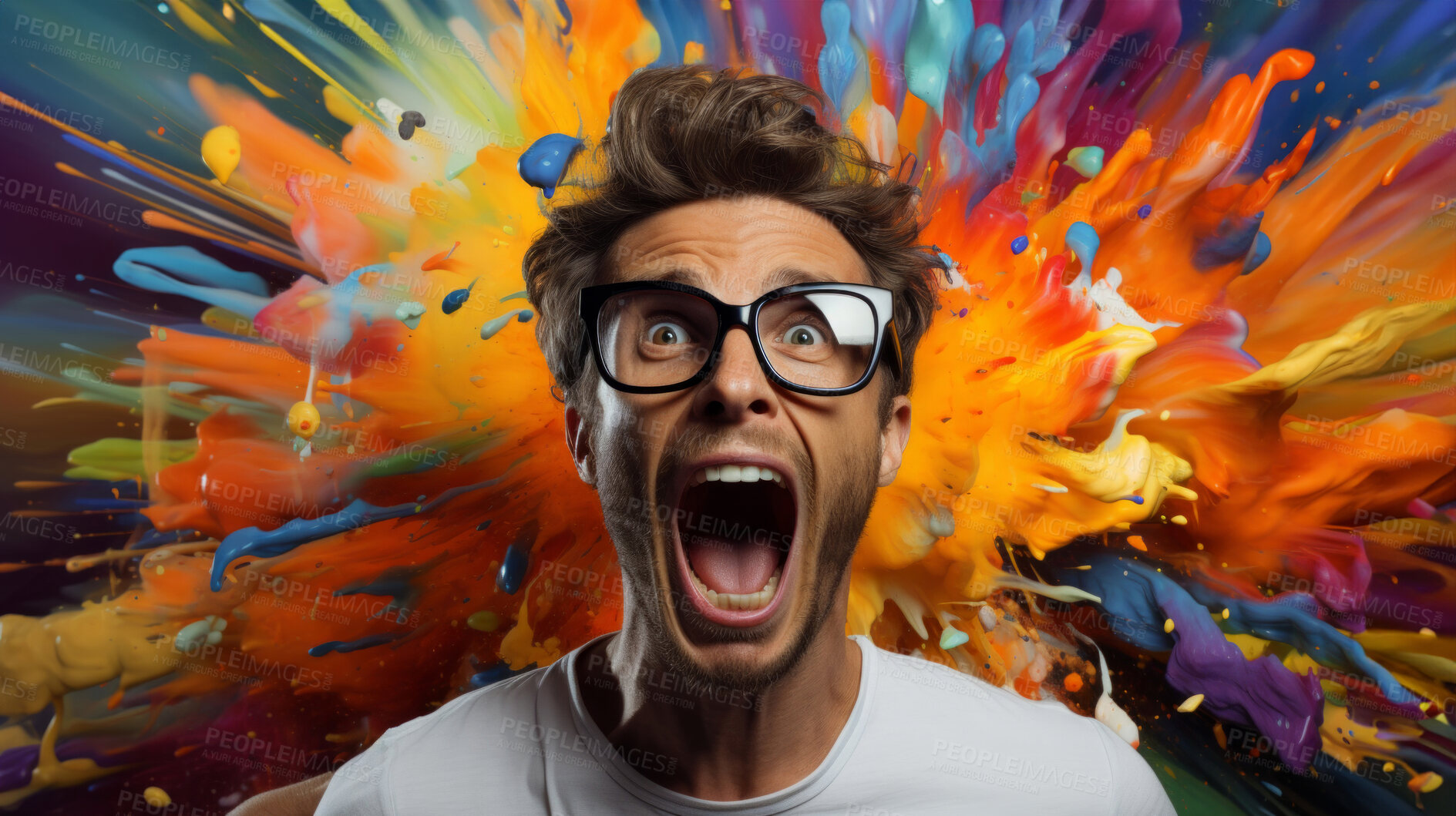 Buy stock photo Excited man, shouts, surrounded by colorful burst. Energetic, lively and joyful individual expressing happiness, with vibrant colors symbolizing enthusiasm and vivid energy.