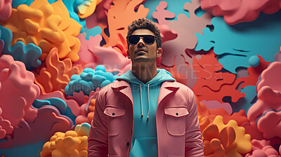 Man, sunglasses and vibrant clouds backdrop. Cool, stylish and confident individual sporting shades, with a colorful cloud-filled background evoking a sense of relaxation, trendiness and carefree vibes.