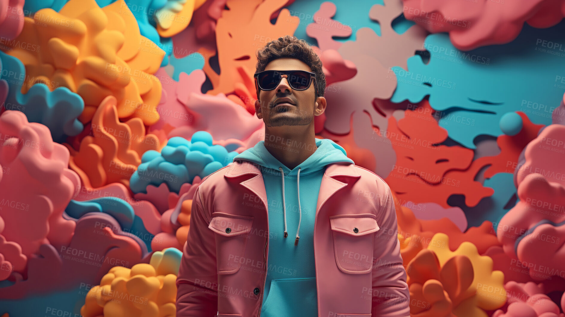 Buy stock photo Man, sunglasses and vibrant clouds backdrop. Cool, stylish and confident individual sporting shades, with a colorful cloud-filled background evoking a sense of relaxation, trendiness and carefree vibes.