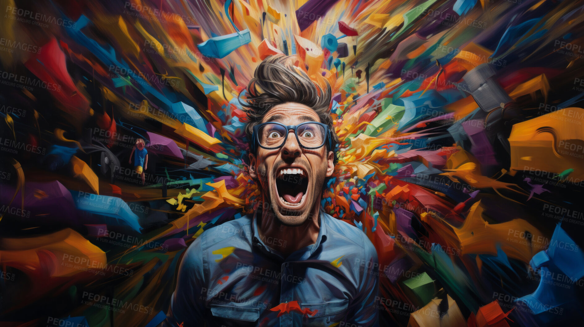 Buy stock photo Excited man, shouts, surrounded by colorful burst. Energetic, lively and joyful individual expressing happiness, with vibrant colors symbolizing enthusiasm and vivid energy.