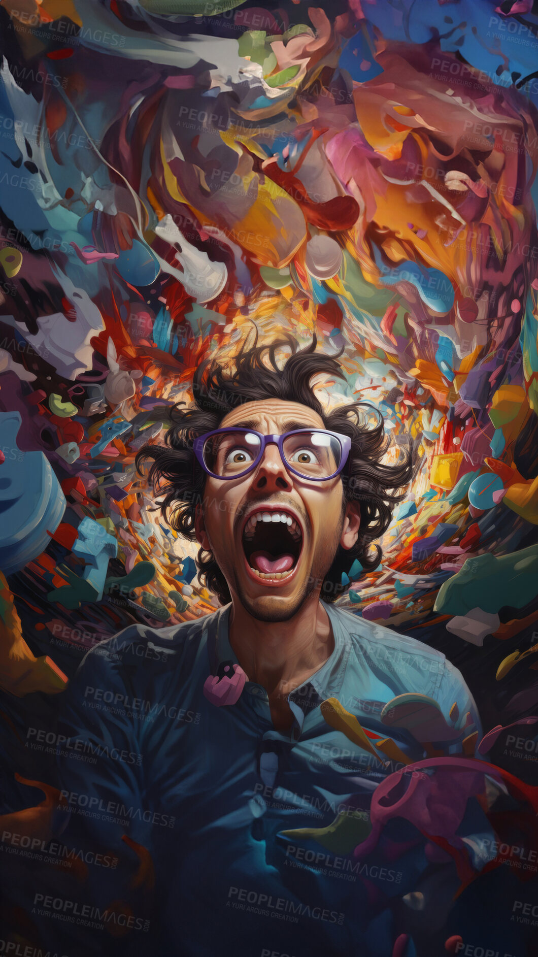 Buy stock photo Excited man, shouts, surrounded by colorful burst. Energetic, lively and joyful individual expressing happiness, with vibrant colors symbolizing enthusiasm and vivid energy.