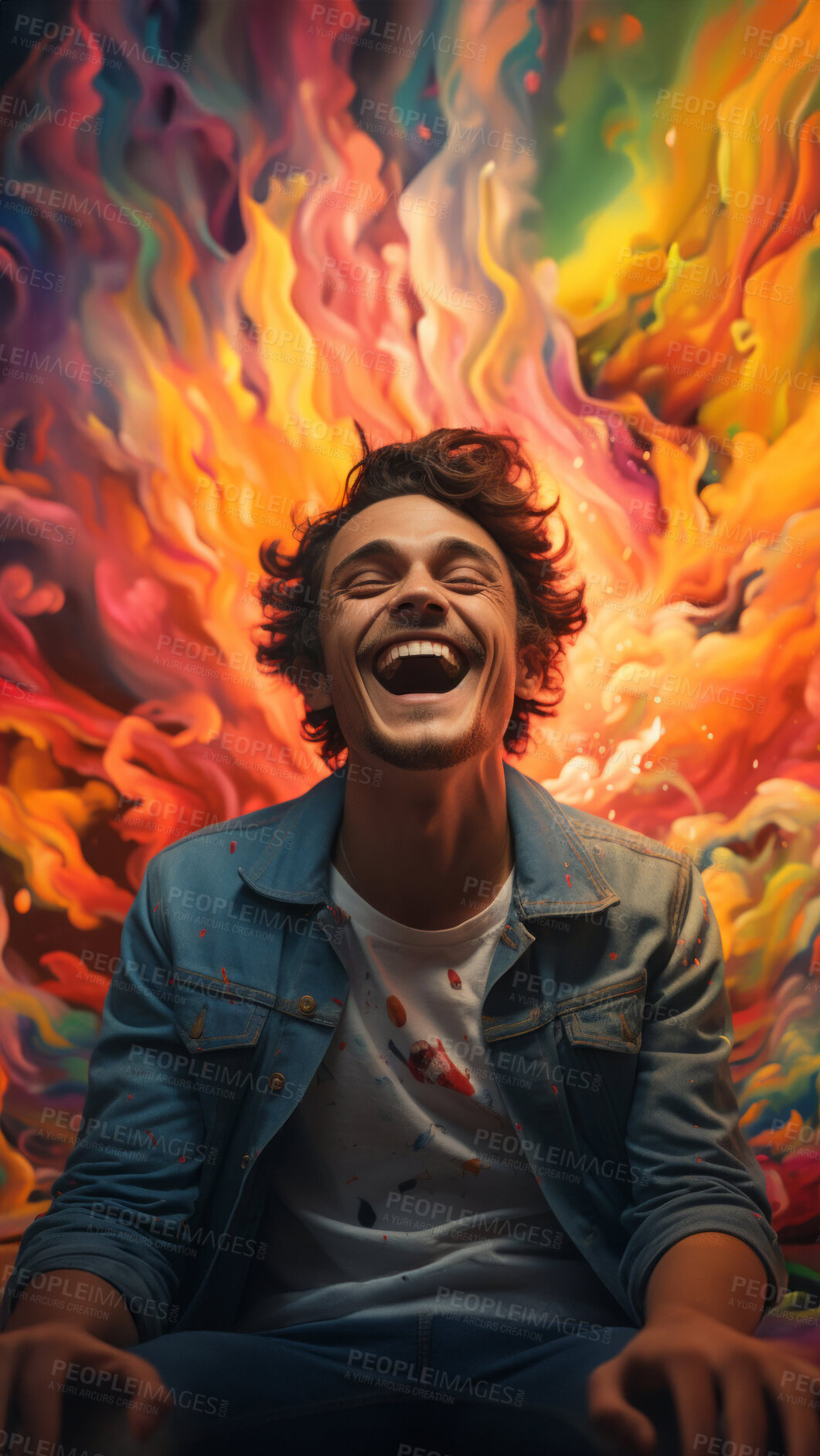 Buy stock photo Excited man, shouts, surrounded by colorful burst. Energetic, lively and joyful individual expressing happiness, with vibrant colors symbolizing enthusiasm and vivid energy.