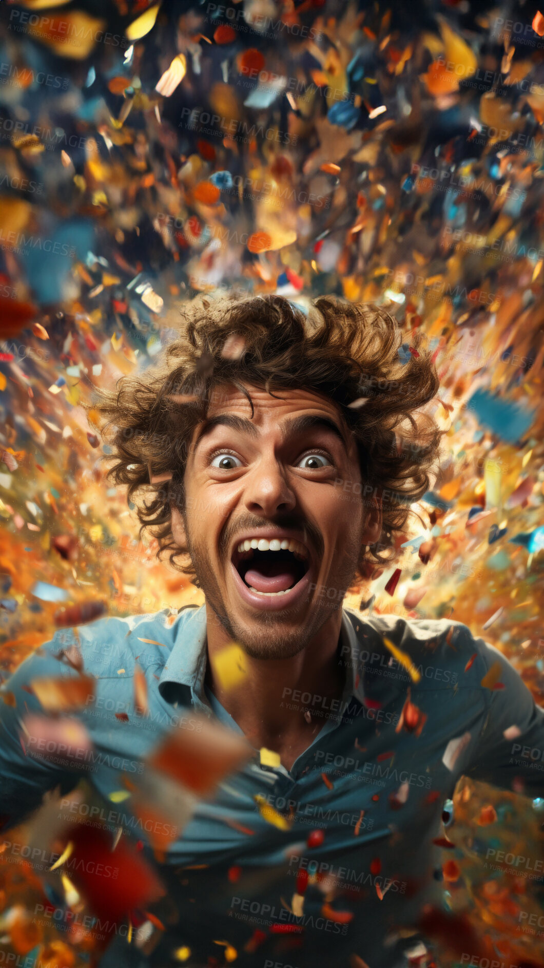 Buy stock photo Excited man, shouts, surrounded by colorful burst. Energetic, lively and joyful individual expressing happiness, with vibrant colors symbolizing enthusiasm and vivid energy.
