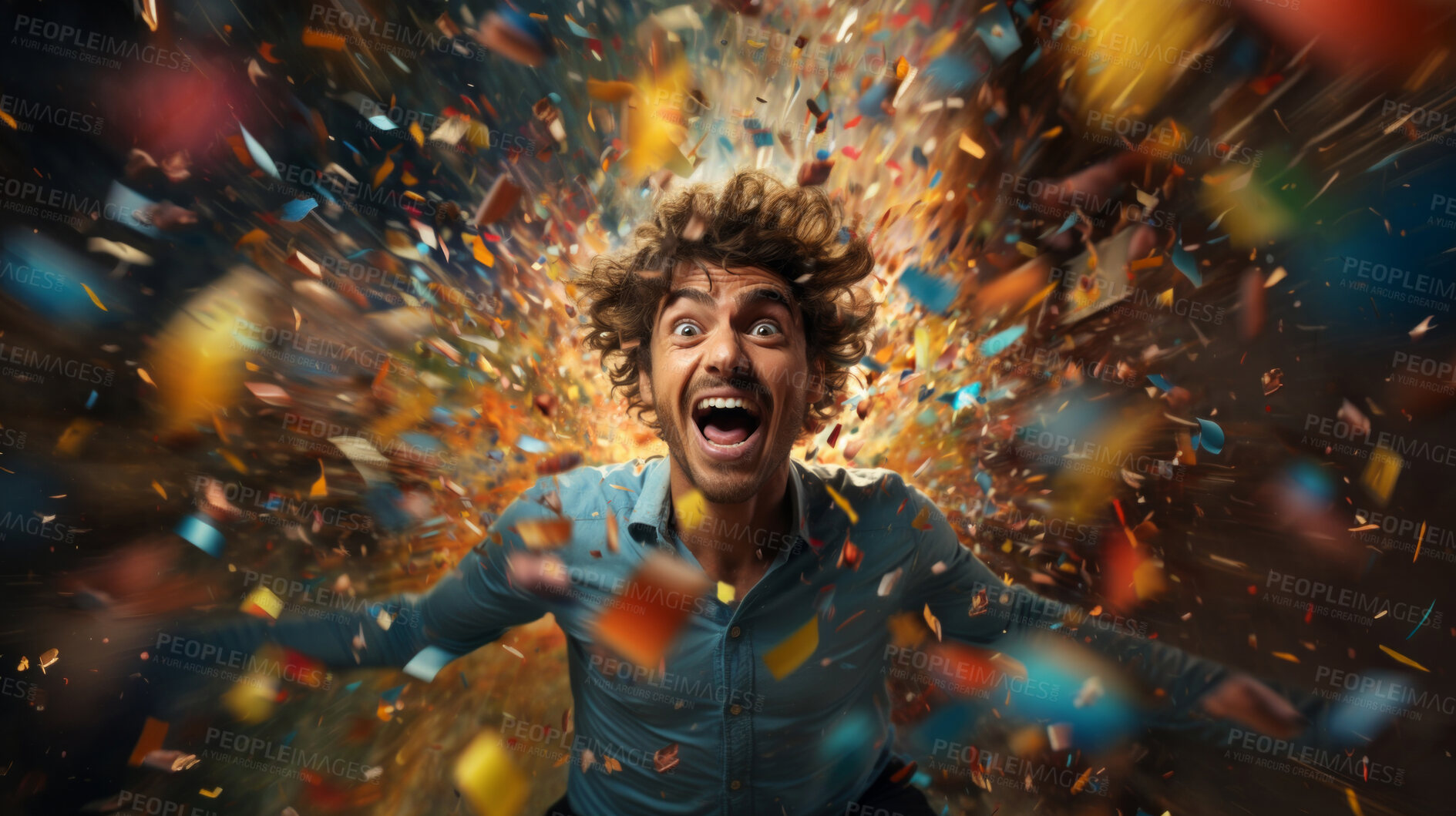 Buy stock photo Excited man, shouts, surrounded by colorful burst. Energetic, lively and joyful individual expressing happiness, with vibrant colors symbolizing enthusiasm and vivid energy.