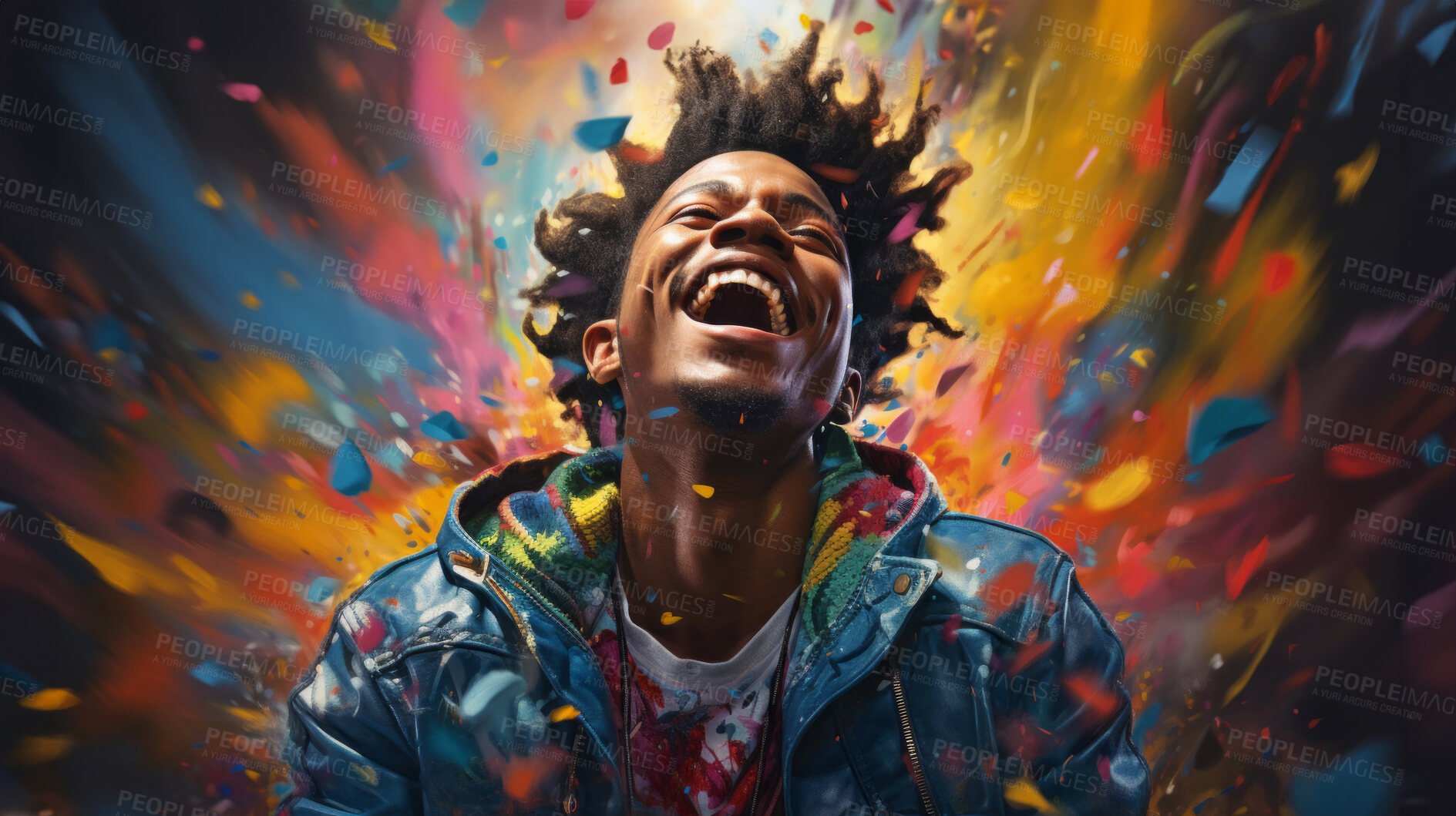 Buy stock photo Excited man, shouts, surrounded by colorful burst. Energetic, lively and joyful individual expressing happiness, with vibrant colors symbolizing enthusiasm and vivid energy.