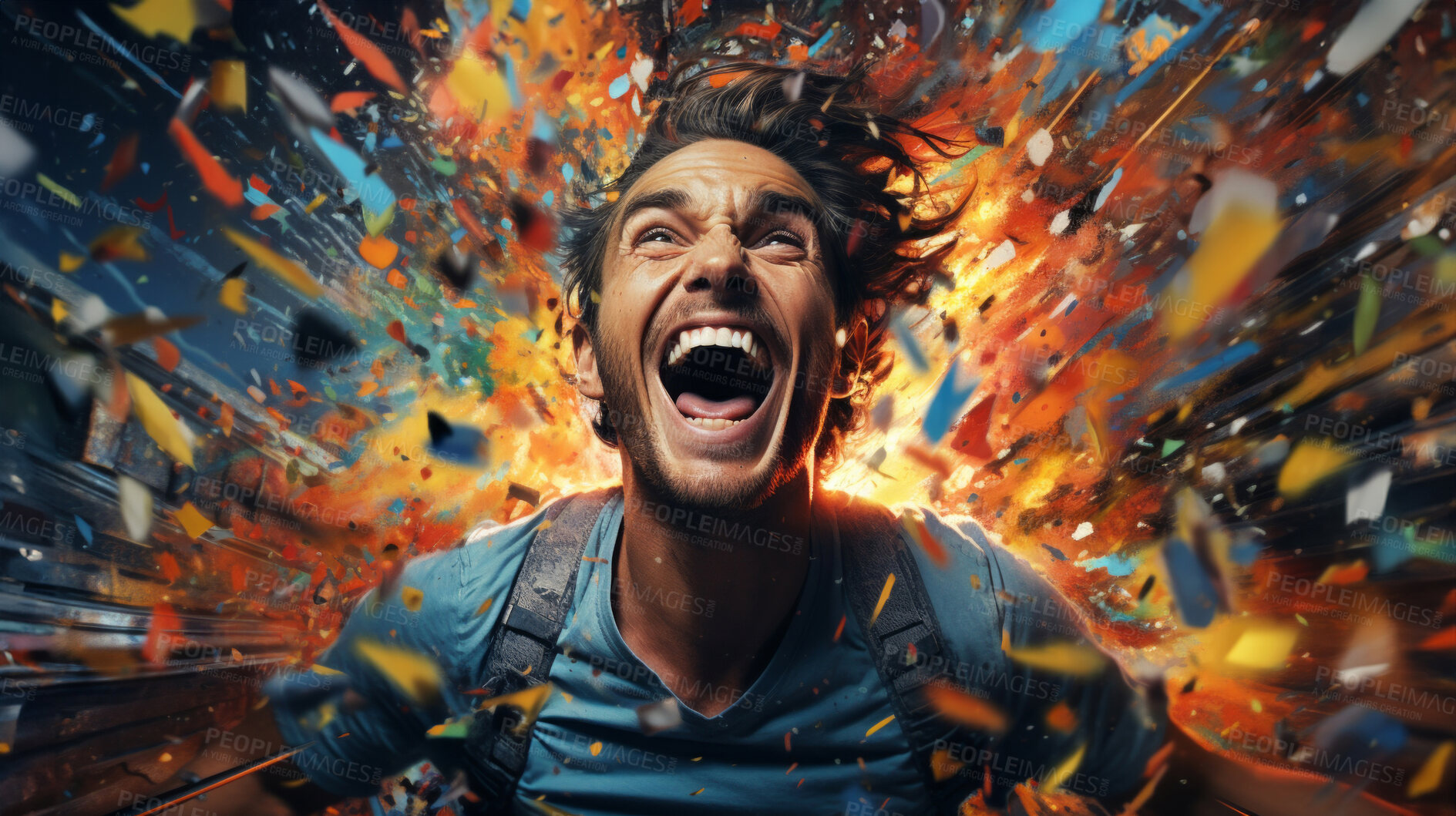 Buy stock photo Excited man, shouts, surrounded by colorful burst. Energetic, lively and joyful individual expressing happiness, with vibrant colors symbolizing enthusiasm and vivid energy.